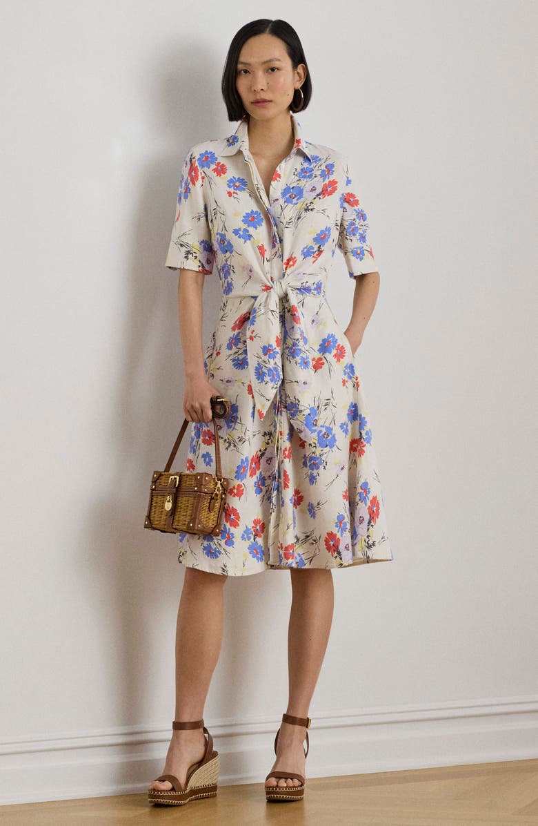 Lauren Ralph Lauren Floral Linen Shirtdress, Alternate, color, Cream Multi