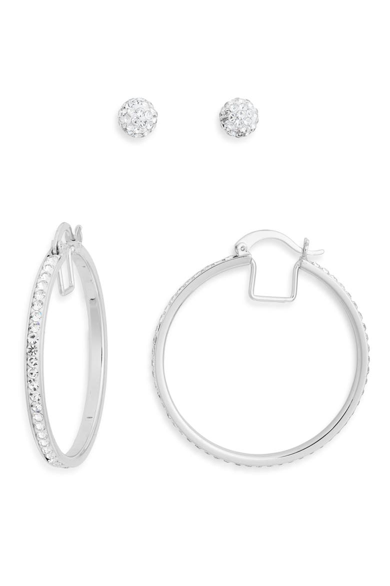 Set of 2 Cubic Zirconia Ball Stud & Hoop Earrings, Alternate, color, CLEAR- SILVER