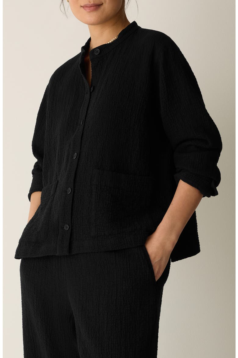 Mandarin Textured Stretch Organic Cotton Shirt Jacket, Main, color, BLACK