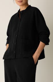 Eileen Fisher Mandarin Textured Stretch Organic Cotton Shirt Jacket
