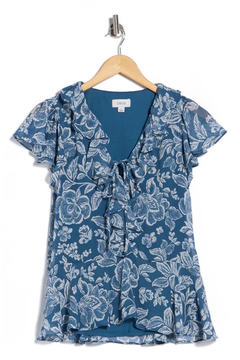 Floral Flutter Sleeve Ruffle Peplum Top, Alternate, color, DENIM/ MULTI