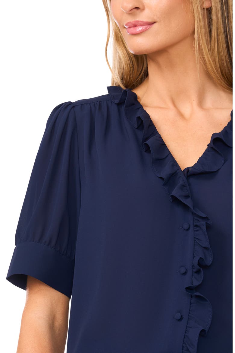 Ruffle Detail Short Sleeve Georgette Button-Up Shirt, Alternate, color, CLASSIC NAVY