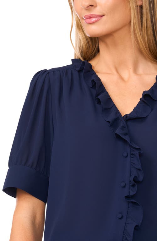 Cece Ruffle Detail Short Sleeve Georgette Button-up Shirt In Blue