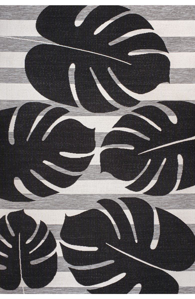 JONATHAN Y Allison Classic Beach Stripe and Monstera Leaf Indoor/Outdoor Area Rug, Main, color, Black/Gray