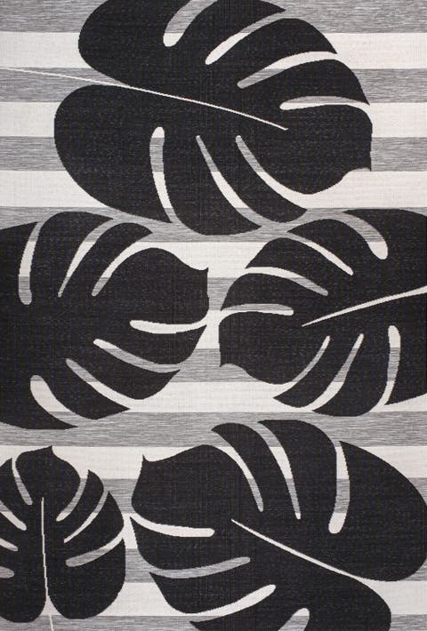 Allison Classic Beach Stripe and Monstera Leaf Indoor/Outdoor Area Rug
