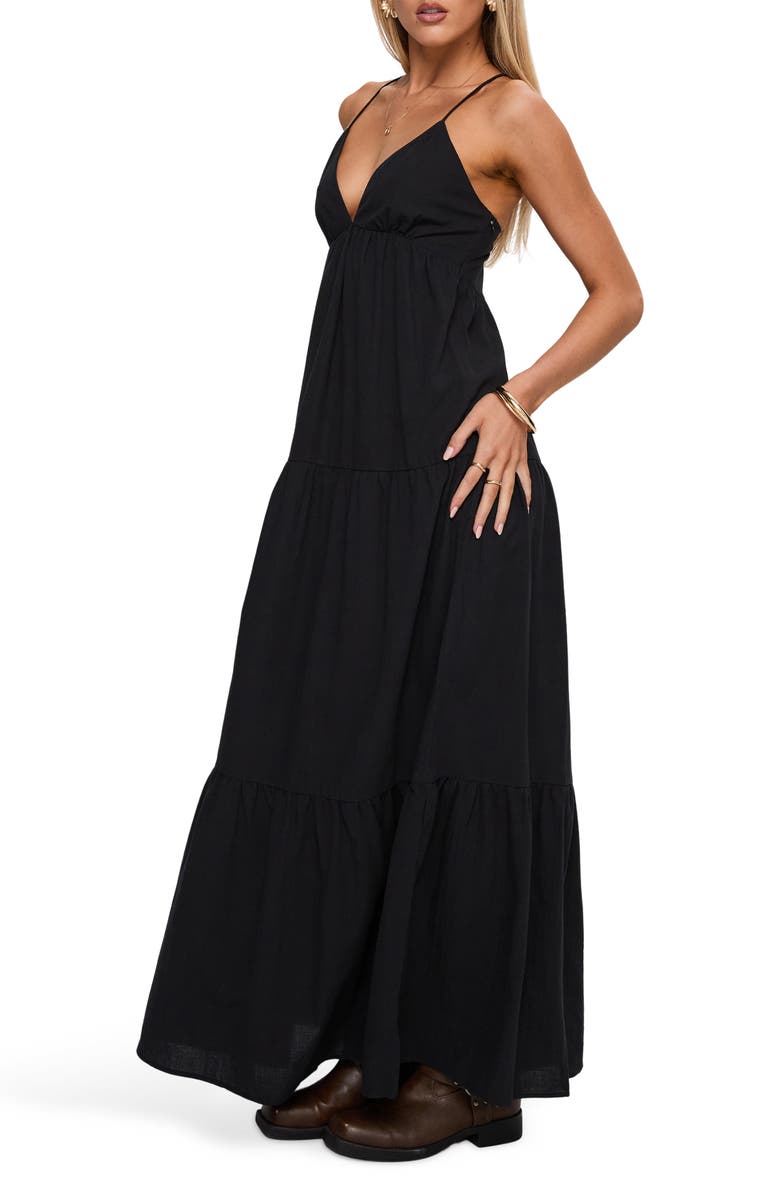 Princess Polly Chelsea Tiered Lace-Up Back Maxi Dress, Alternate, color, Black