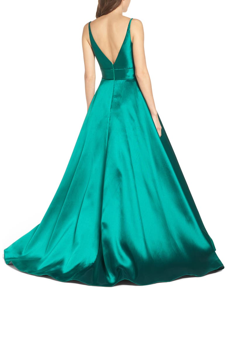 Plunge Neck Taffeta Ballgown, Alternate, color, EMERALD