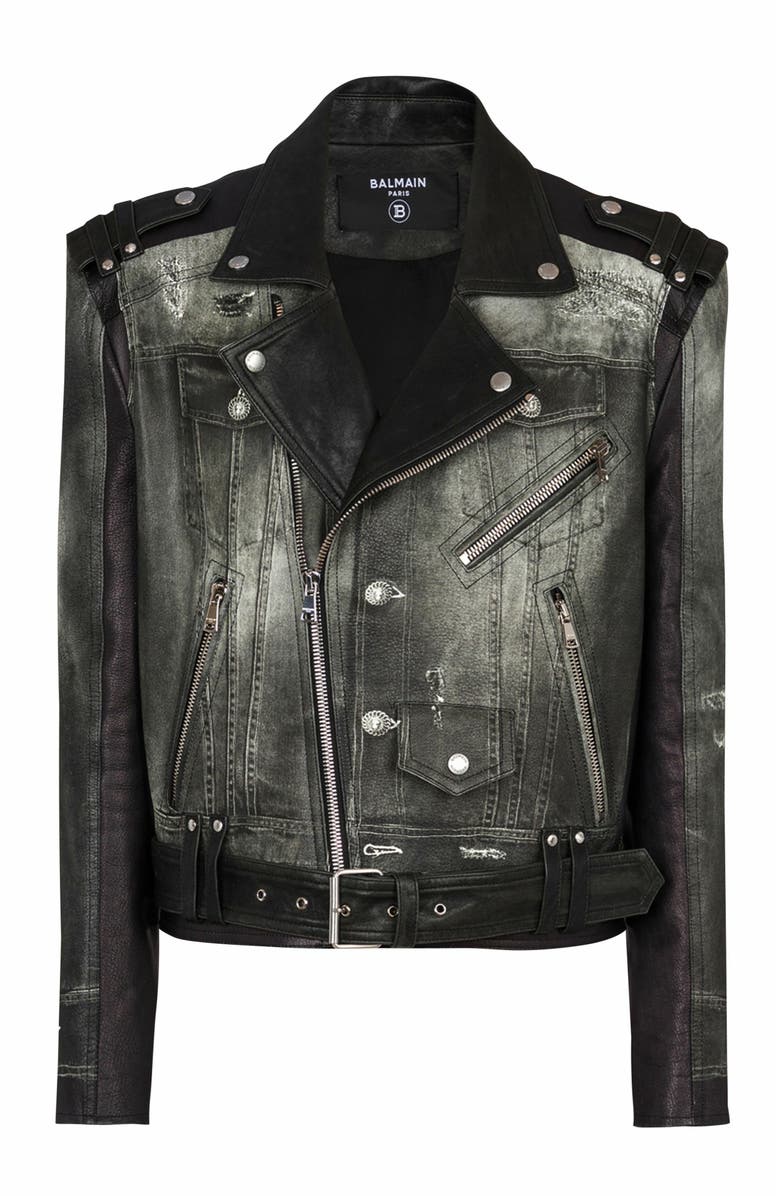 Balmain Leather Biker Jacket With Denim Print, Main, color, 