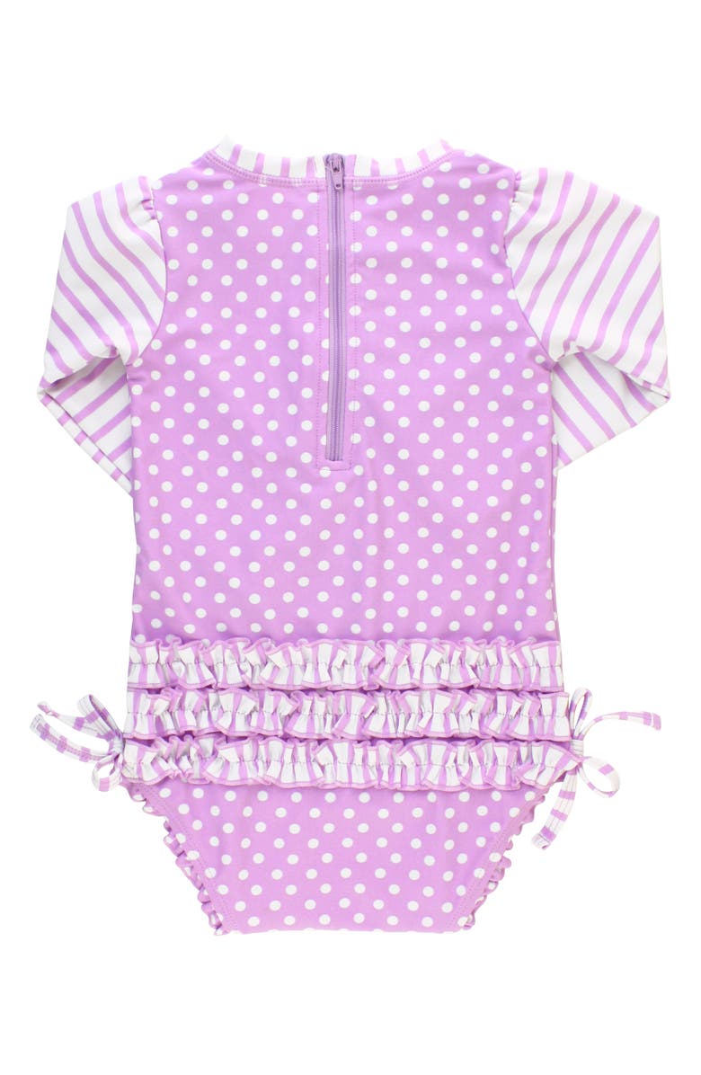 RuffleButts Polka Dot One-Piece Rashguard Swimsuit & Sun Hat Set, Alternate, color,