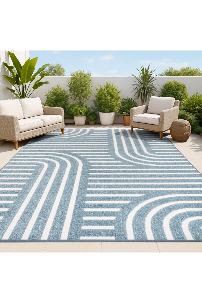 Anders High-Low MidCentury Modern Arch Stripe Two-Tone Indoor/Outdoor Area Rug, Alternate, color, Navy/Cream