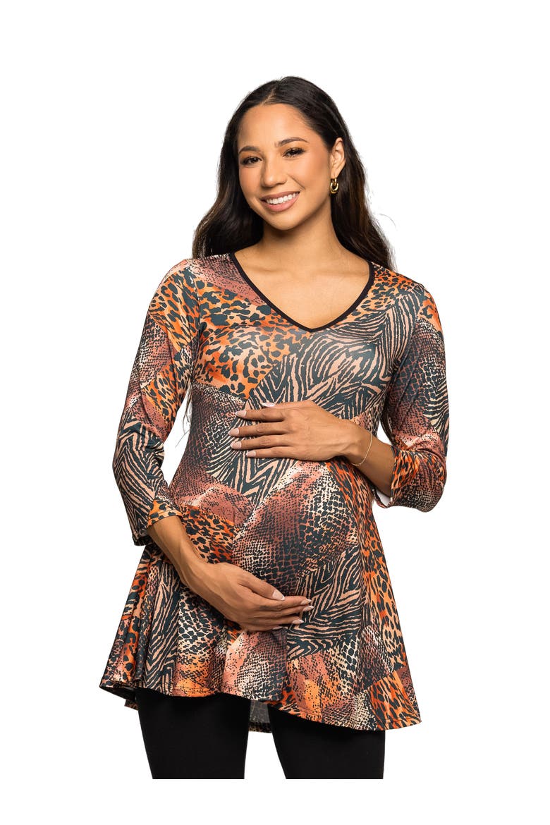 Animal Print V-Neck Three Quarter Sleeve Tunic Top, Main, color, Brown Multi