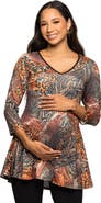 24seven Comfort Apparel Animal Print V-Neck Three Quarter Sleeve Tunic Top