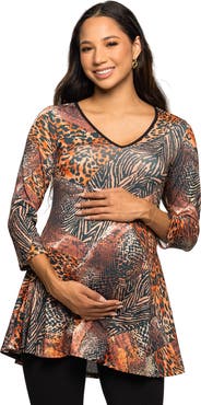 24seven Comfort Apparel Animal Print V-Neck Three Quarter Sleeve Tunic Top
