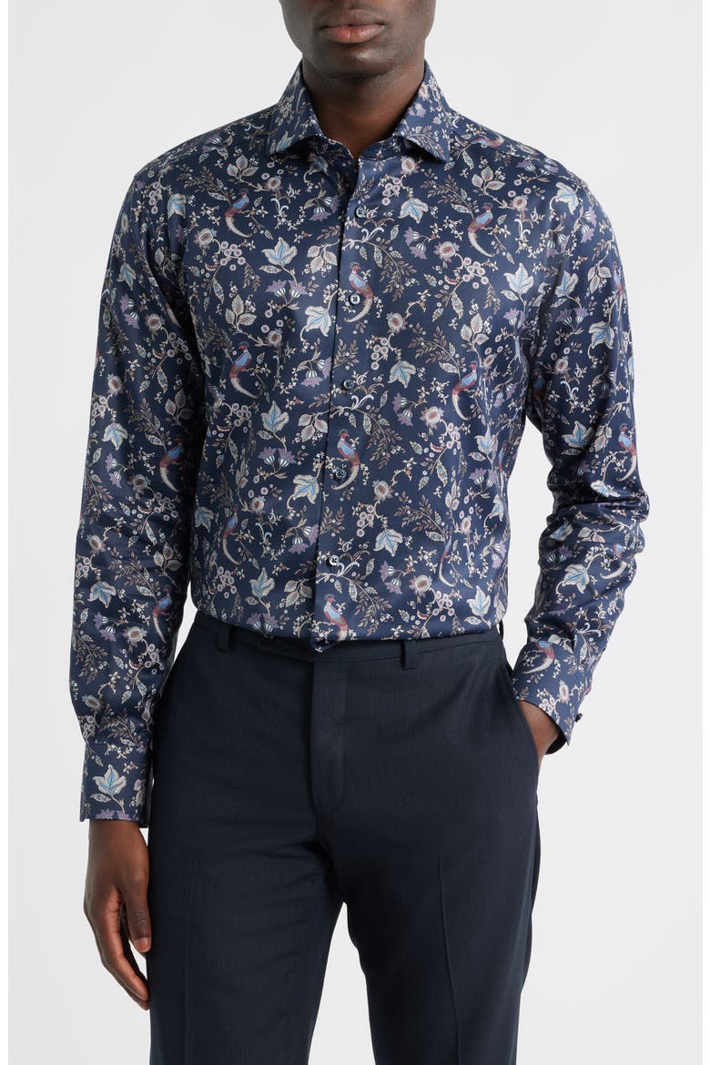 Modern Fit Floral Non-Iron Cotton Twill Dress Shirt, Main, color, DARK BLUE