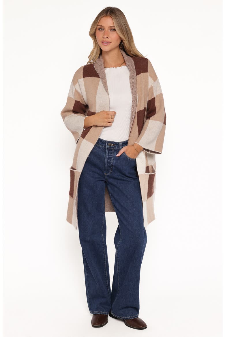 Ecoya Check Longline Cardigan, Alternate, color, BROWN PLAID