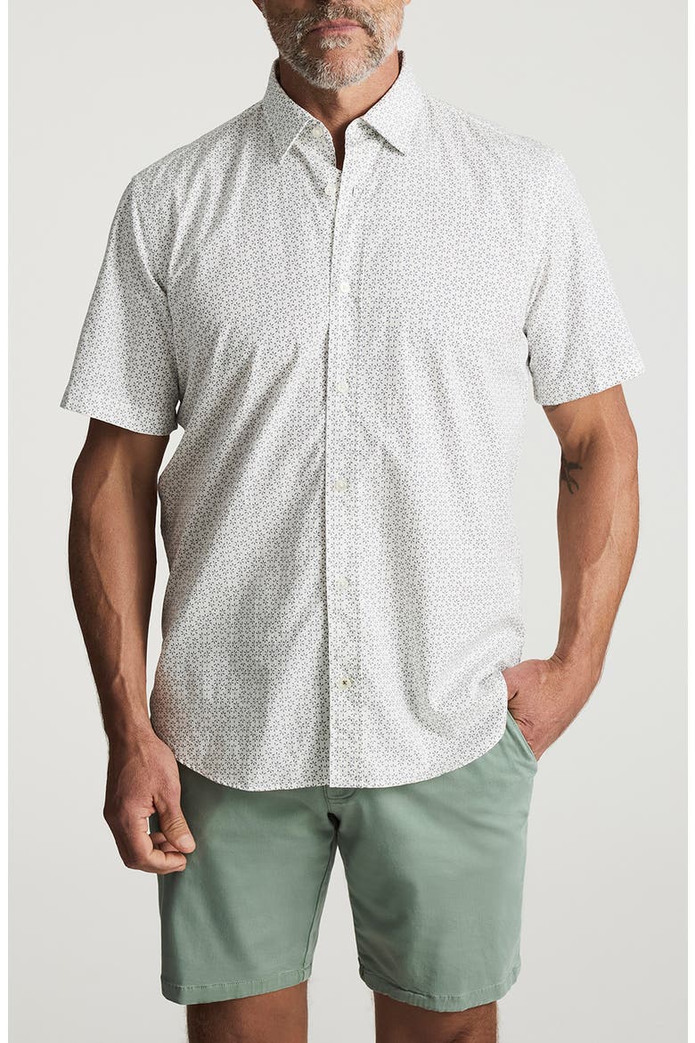 Geo Floral Short Sleeve Stretch Luxe Twill Button-Up Shirt, Main, color, VINTAGE INDIGO