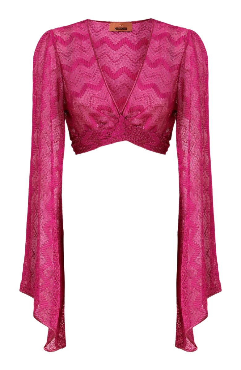 Missoni Crop Top With Wide Sleeves And Front Knot In Zig Zag Lamé Viscose, Alternate, color, Purple