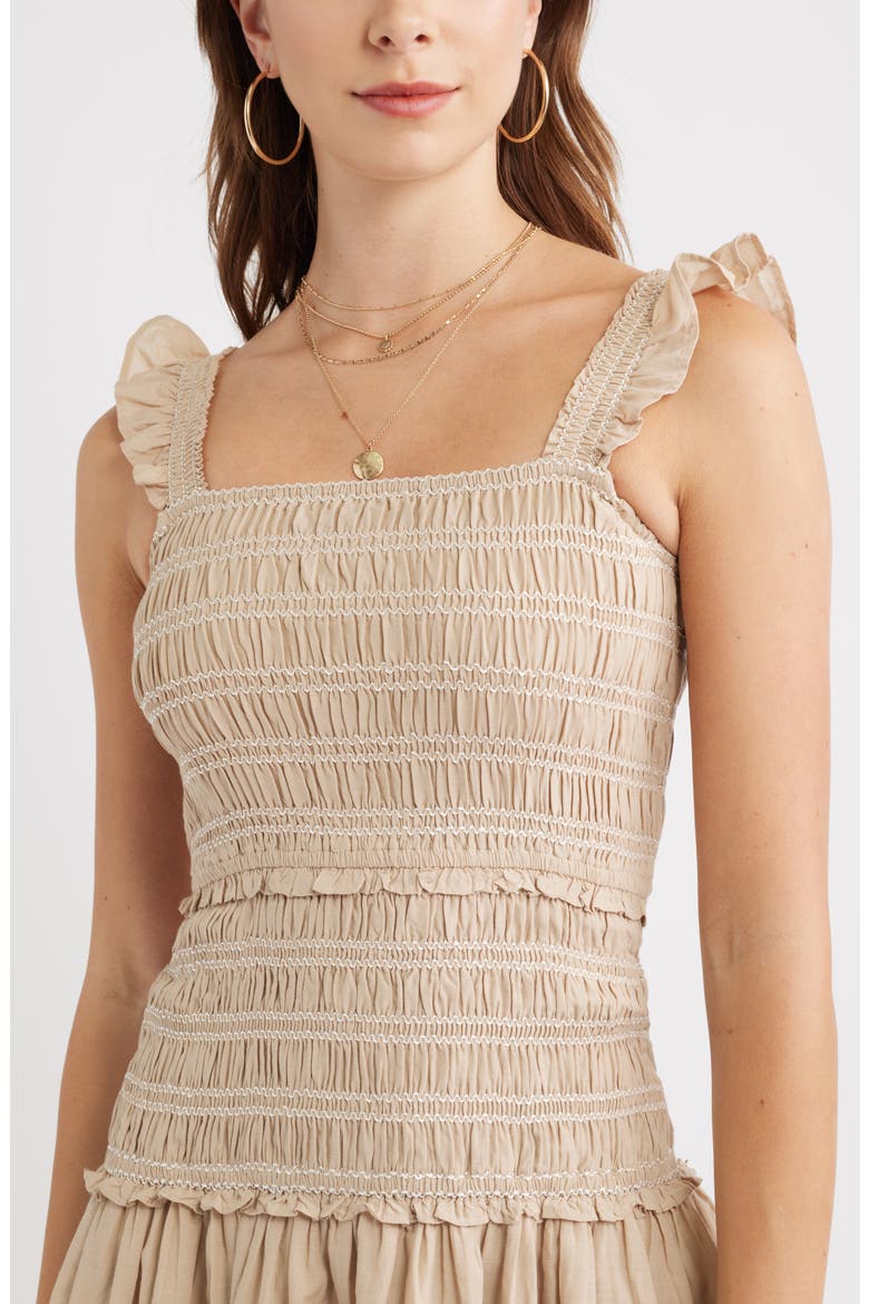 Ruffle Smocked Drop Waist Cotton Blend Minidress, Alternate, color, BEIGE HUMMUS
