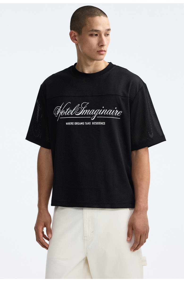 H&M Oversized Fit Printed Mesh T-shirt, Main, color, Black/Hotel Imaginaire