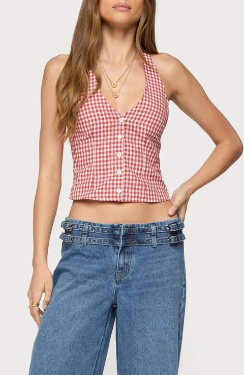 Evan Gingham Cotton Halter Top