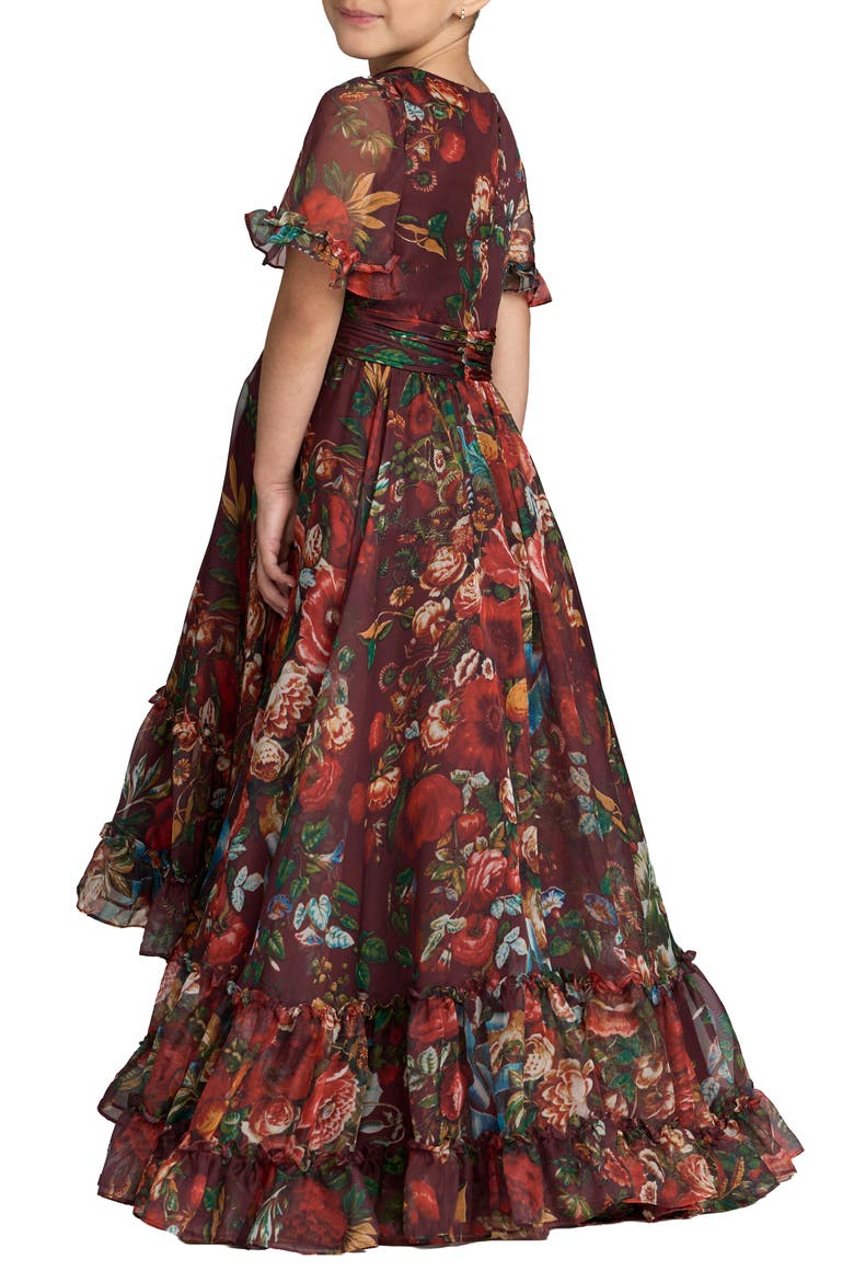 Girls High Neck Ruffle Hi Low Gown, Alternate, color, Wine Multi