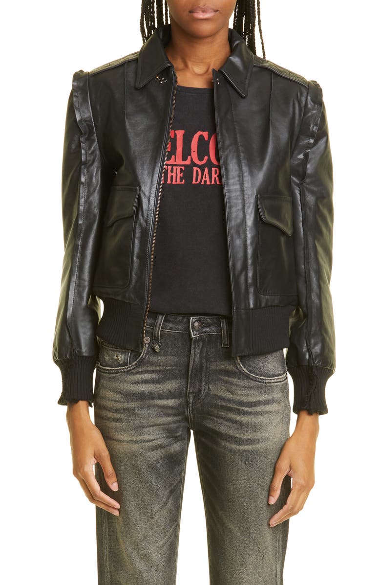 R13 Flat Sleeve Calfskin Leather Bomber Jacket, Main, color, 