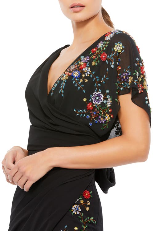Mac Duggal Floral Beaded Flutter Sleeves Chiffon V Neck Faux Wrap Dress In Black Multi