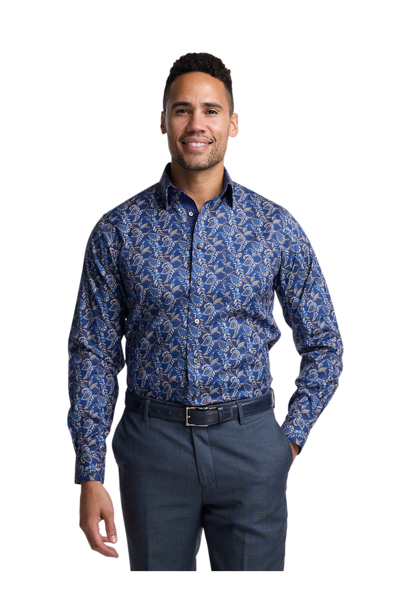 Paul Fredrick Slim Fit Comfort Stretch Non-iron Paisley Dress Shirt With Contrast Trim, Alternate, color, Navy Multi