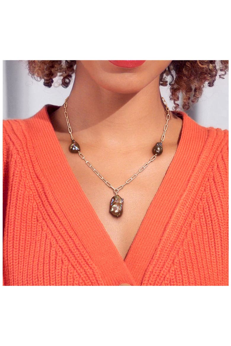 Sterling Silver 13–15mm Grey Cultured Freshwater Pearl Station Necklace, Alternate, color, BLACK