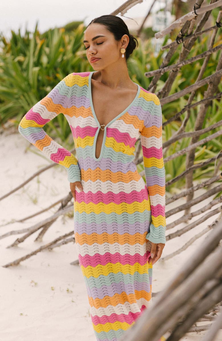 Capittana Ella Stripe Long Sleeve Knit Cover-Up Dress, Alternate, color, Multicolor Pink