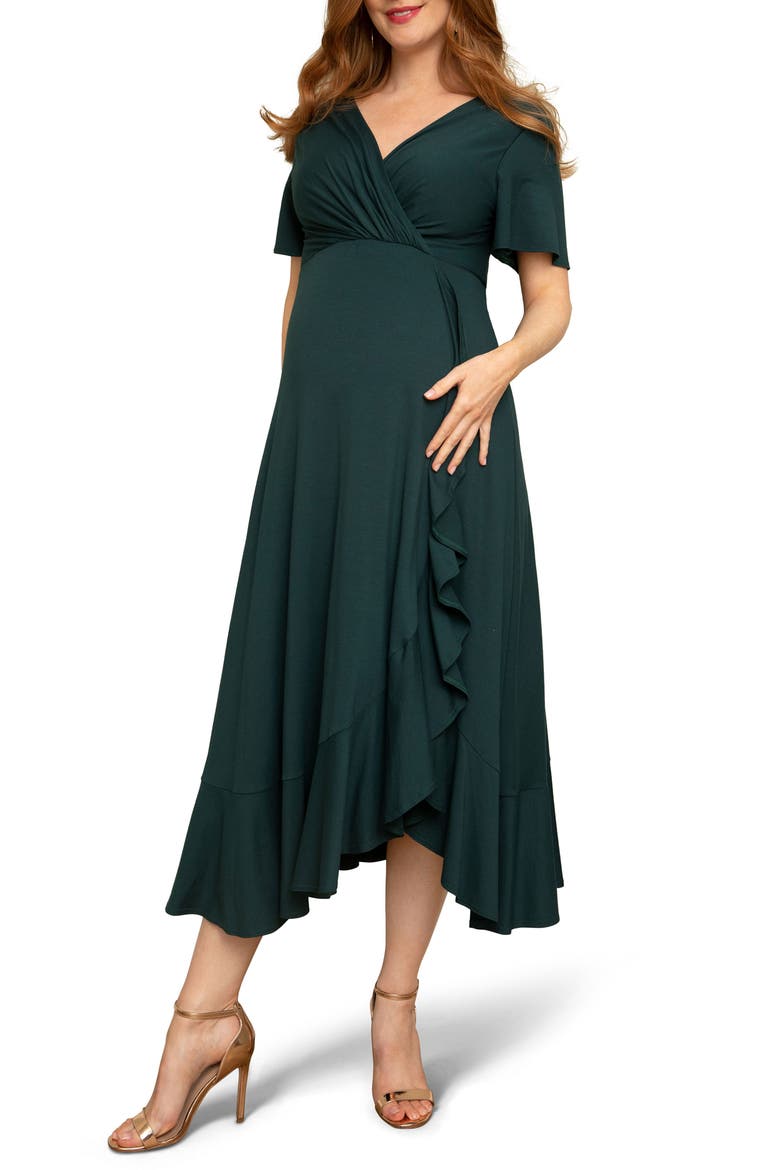 Waterfall Flutter Sleeve Midi Maternity Dress, Main, color, DEEP GREEN