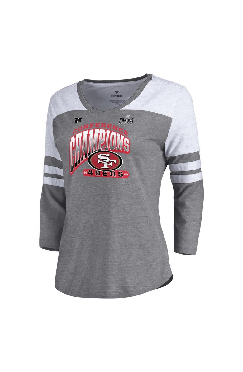 FANATICS Women's Fanatics Branded  Heather Gray San Francisco 49ers 2023 NFC Champions Hail Mary Tri-Blend 3/4-Sleeve V-Neck T-Shirt, Alternate, color, 