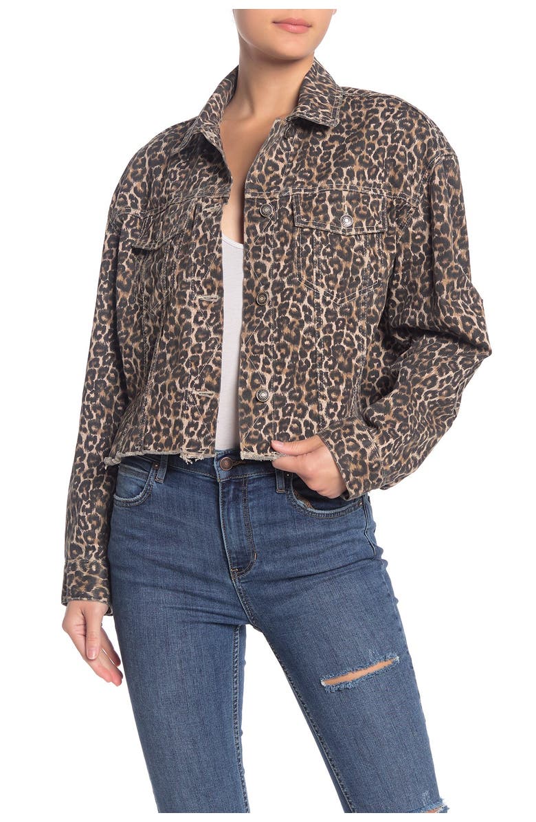 Free People Cheetah Print Crop Cutoff Denim Jacket, Main, color, 