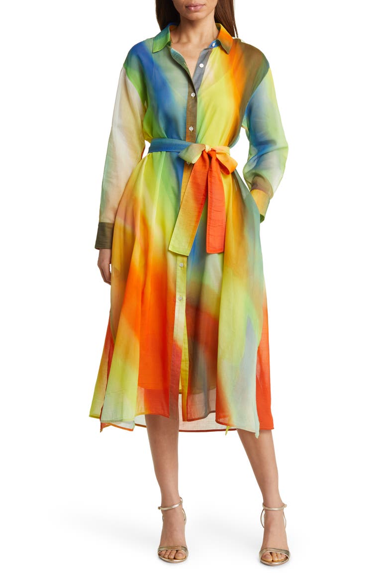 Boracay Rainbow Long Sleeve Cotton & Silk Shirtdress, Main, color, BRIGHT YELLOW MULTI