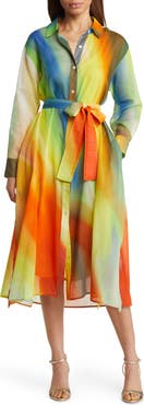Natori Boracay Rainbow Long Sleeve Cotton & Silk Shirtdress