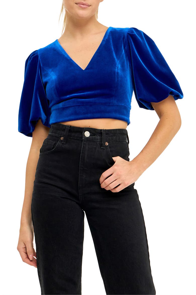 Puff Sleeve Velvet Crop Top, Main, color, COBALT BLUE