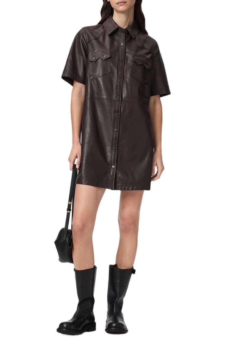 Rock Western Leather Mini Shirtdress, Alternate, color, OXBLOOD RED