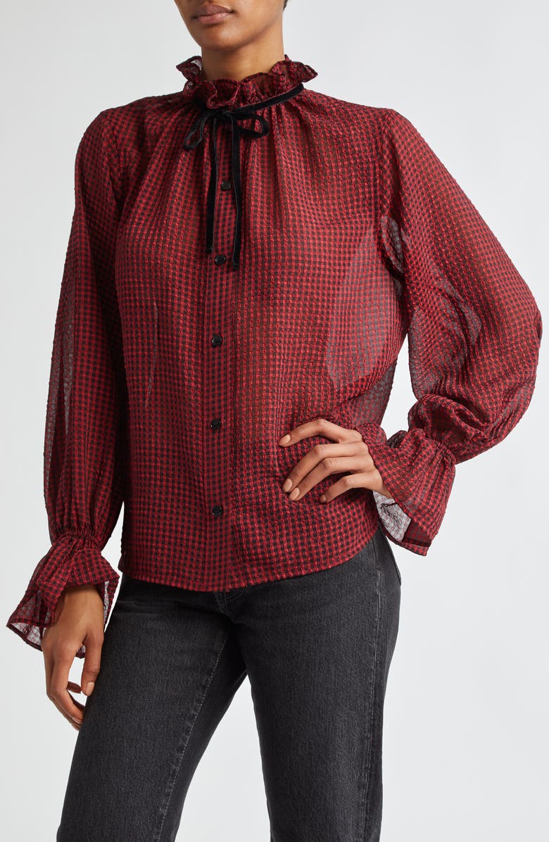 Ganni Check Seersucker Tie Neck Shirt, Alternate, color, Winery