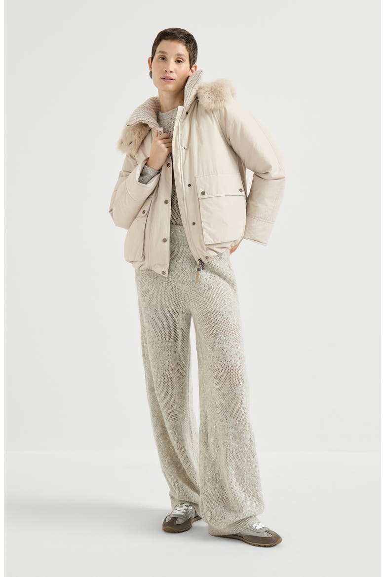 Techno cotton water-resistant taffeta down parka with detachable shearling hood and shiny zipper pull, Alternate, color, Cool Beige