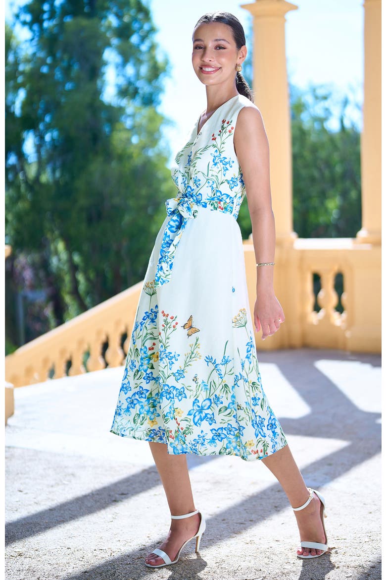 Butterfly Print Midi Wrap Dress, Alternate, color, Ivory