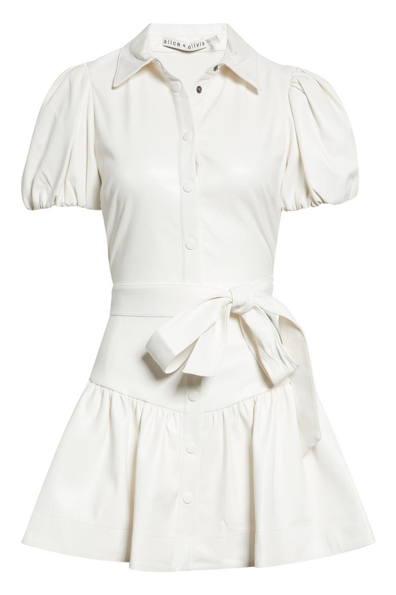 Henrietta Tie Belt Faux Leather Tiered Mini Dress, Alternate, color, OFF WHITE