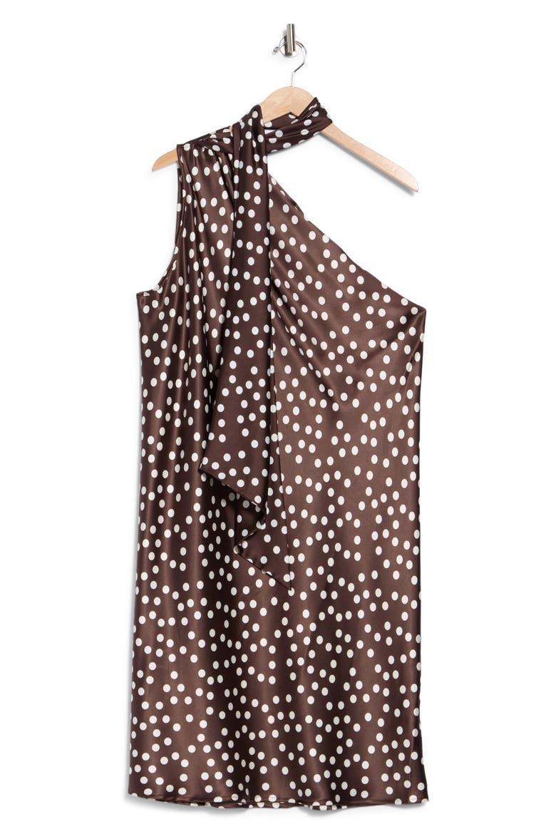 One-Shoulder Polka Dot Dress, Alternate, color, BROWN