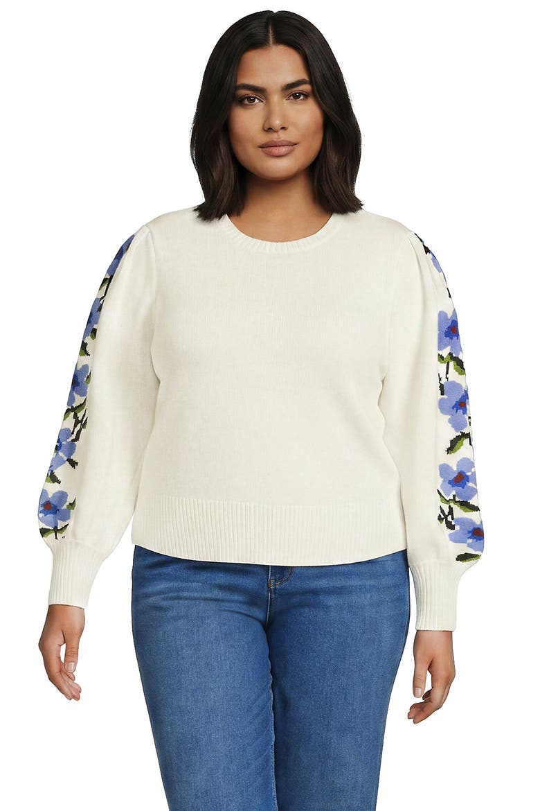 Plus Size Drifter Puff Sleeve Jacquard Crew Neck Sweater, Main, color, Ivory/Blue Floral