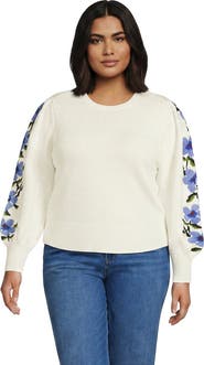 Lands' End Plus Size Drifter Puff Sleeve Jacquard Crew Neck Sweater