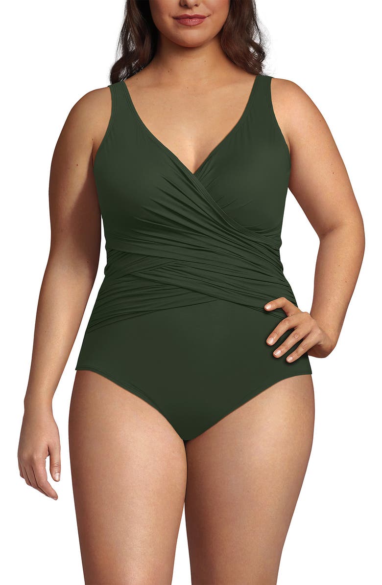 Lands' End SlenderSuit Wrap One Piece Swimsuit, Main, color, Rich Olive Green