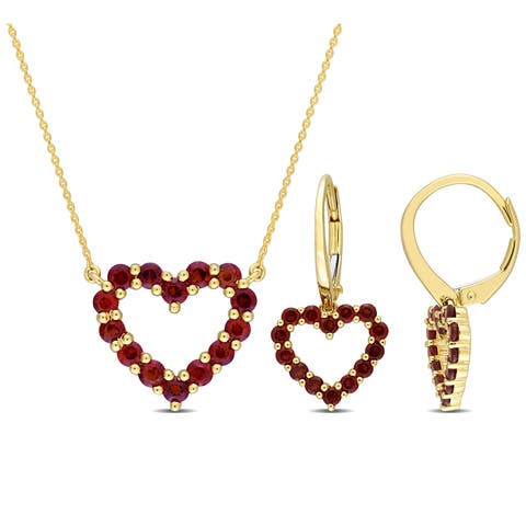 2-Piece Set Garnet Heart Earrings & Necklace