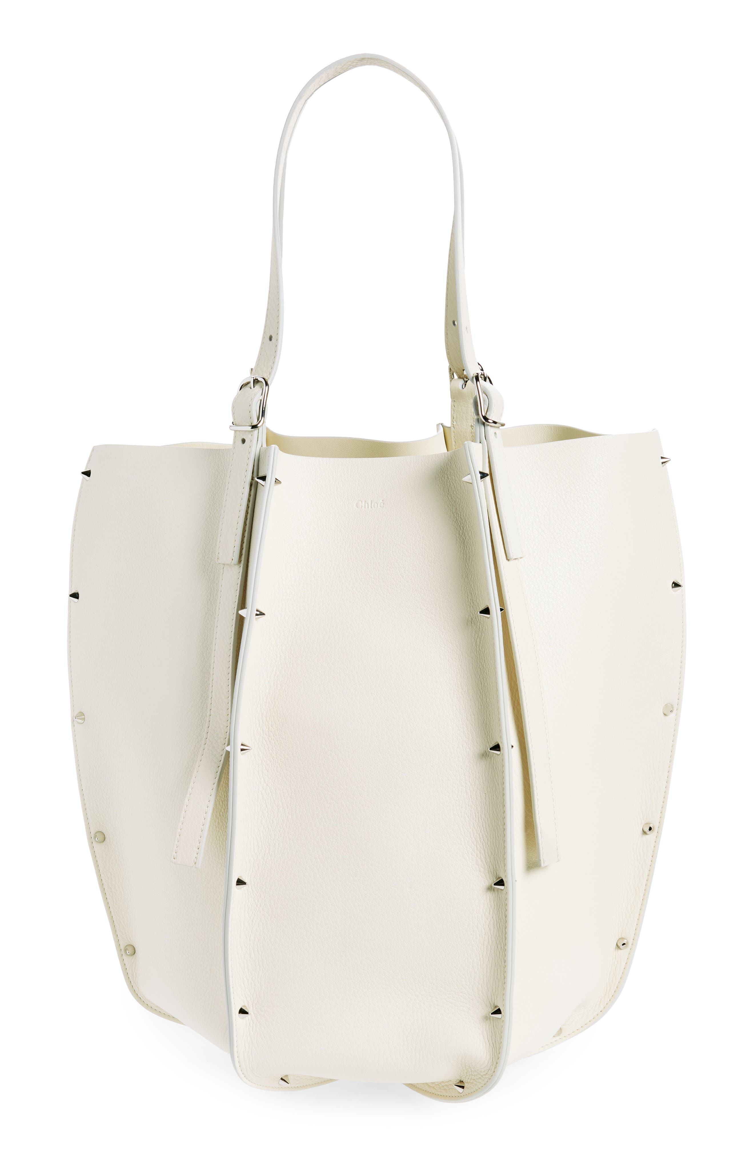 Carmela Spike Stud Leather Tote, Main, color, WHITE