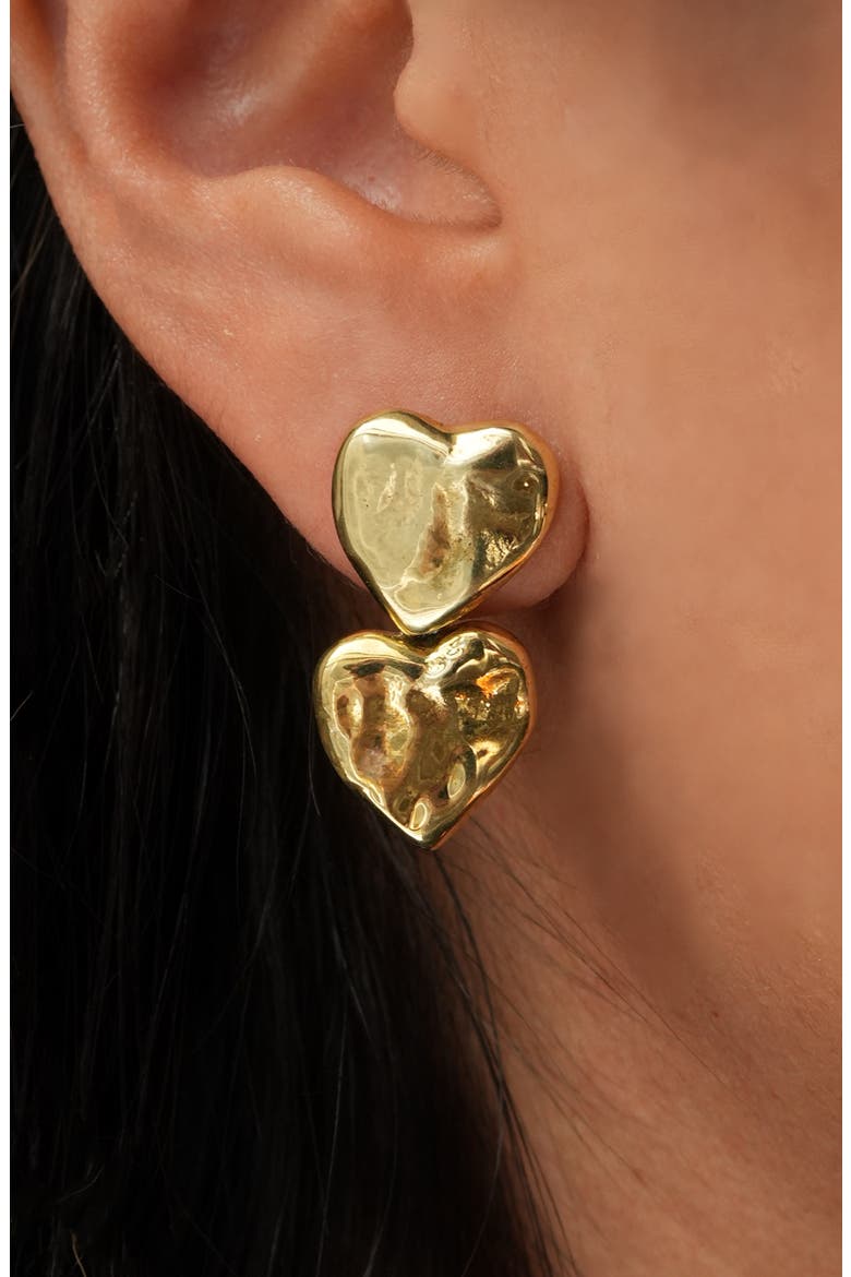 Hammered Double Heart Earrings, Alternate, color, GOLD
