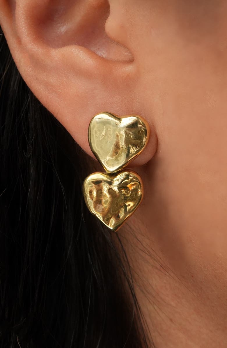 Argento Vivo Sterling Silver Hammered Double Heart Earrings, Alternate, color, Gold