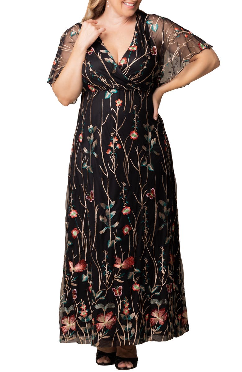 Kiyonna Embroidered Elegance Floral Gown, Main, color, Onyx